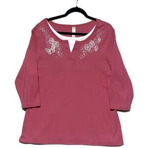 Decorated Originals Top Women's XL Pink w/Embroidered Flowers 3/4 Sleeves